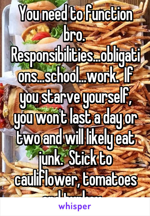 You need to function bro.  Responsibilities...obligations...school...work.  If you starve yourself, you won't last a day or two and will likely eat junk.  Stick to cauliflower, tomatoes and turkey.  