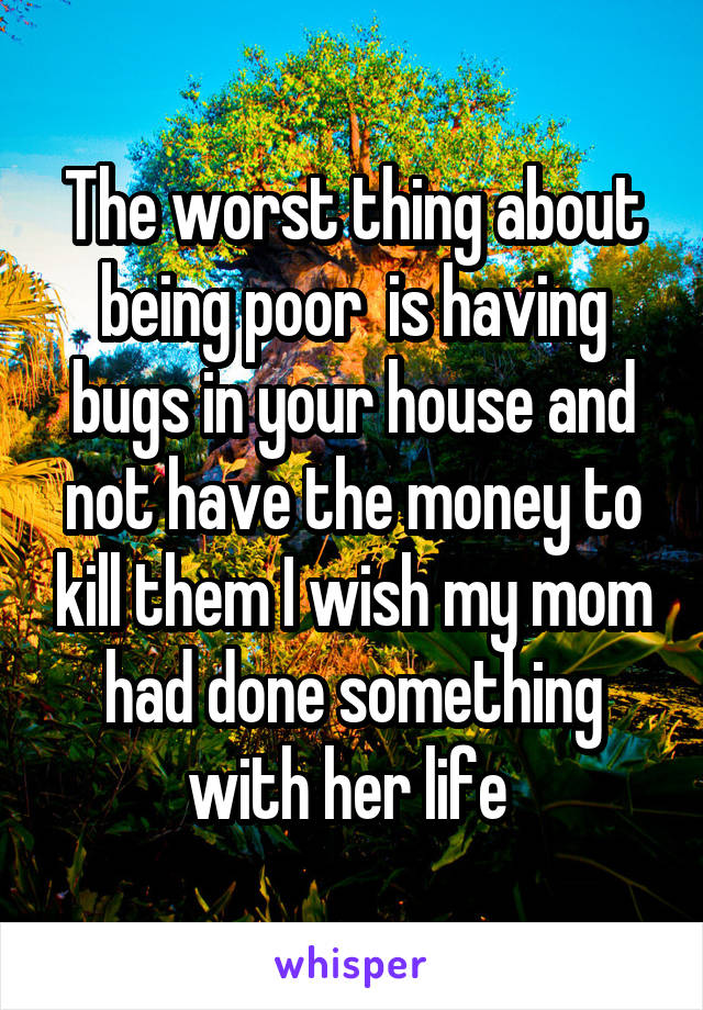 The worst thing about being poor  is having bugs in your house and not have the money to kill them I wish my mom had done something with her life 