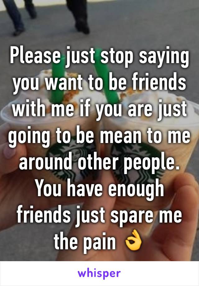 Please just stop saying you want to be friends with me if you are just going to be mean to me around other people. You have enough friends just spare me the pain 👌