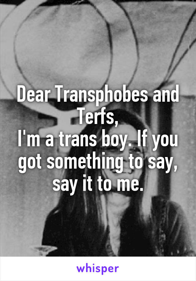 Dear Transphobes and Terfs,
I'm a trans boy. If you got something to say, say it to me.