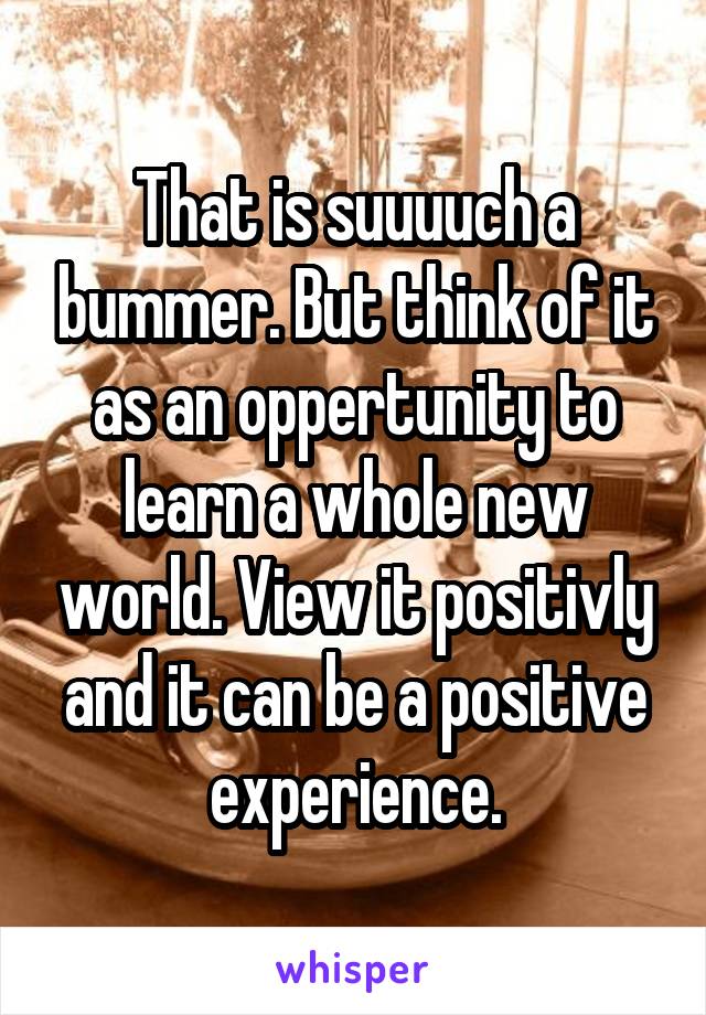 That is suuuuch a bummer. But think of it as an oppertunity to learn a whole new world. View it positivly and it can be a positive experience.