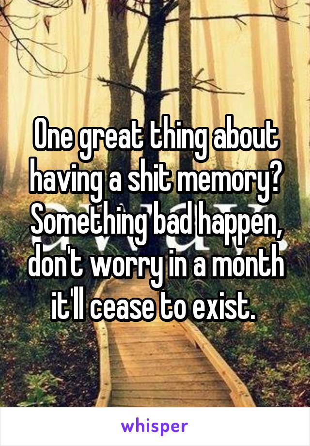 One great thing about having a shit memory? Something bad happen, don't worry in a month it'll cease to exist. 