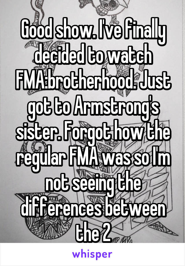 Good show. I've finally decided to watch FMA:brotherhood. Just got to Armstrong's sister. Forgot how the regular FMA was so I'm not seeing the differences between the 2