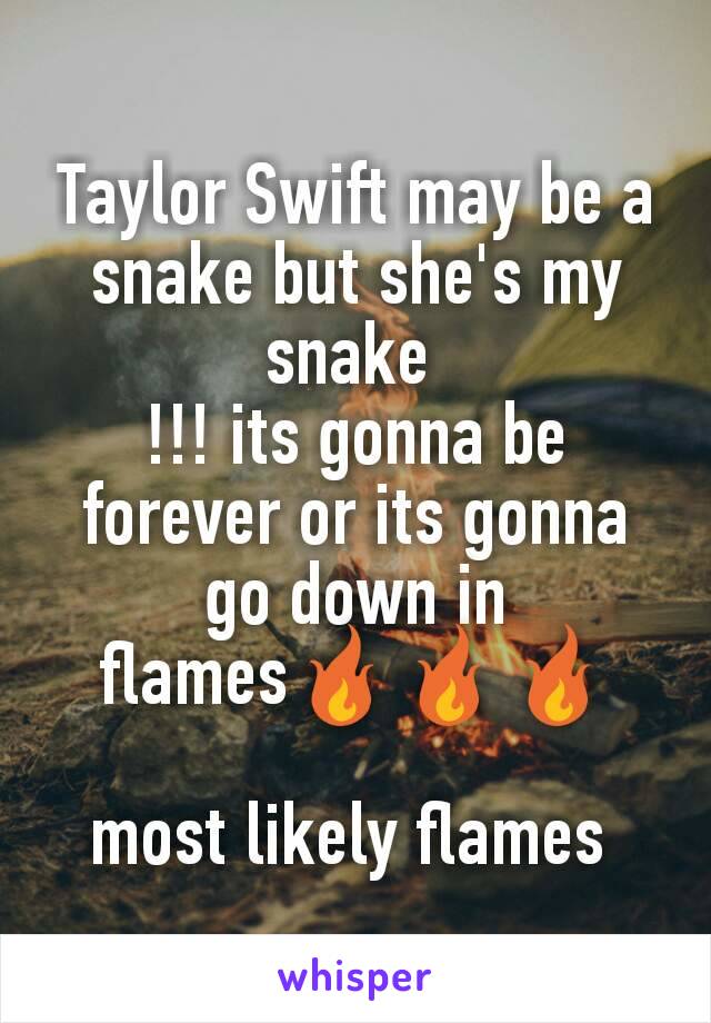 Taylor Swift may be a snake but she's my snake 
!!! its gonna be forever or its gonna go down in flames🔥🔥🔥

most likely flames 