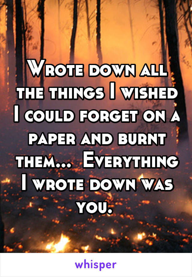 Wrote down all the things I wished I could forget on a paper and burnt them...  Everything I wrote down was you. 