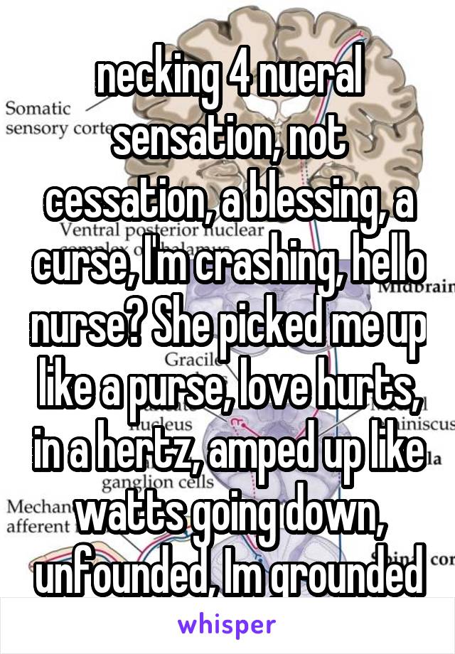 necking 4 nueral sensation, not cessation, a blessing, a curse, I'm crashing, hello nurse? She picked me up like a purse, love hurts, in a hertz, amped up like watts going down, unfounded, Im grounded