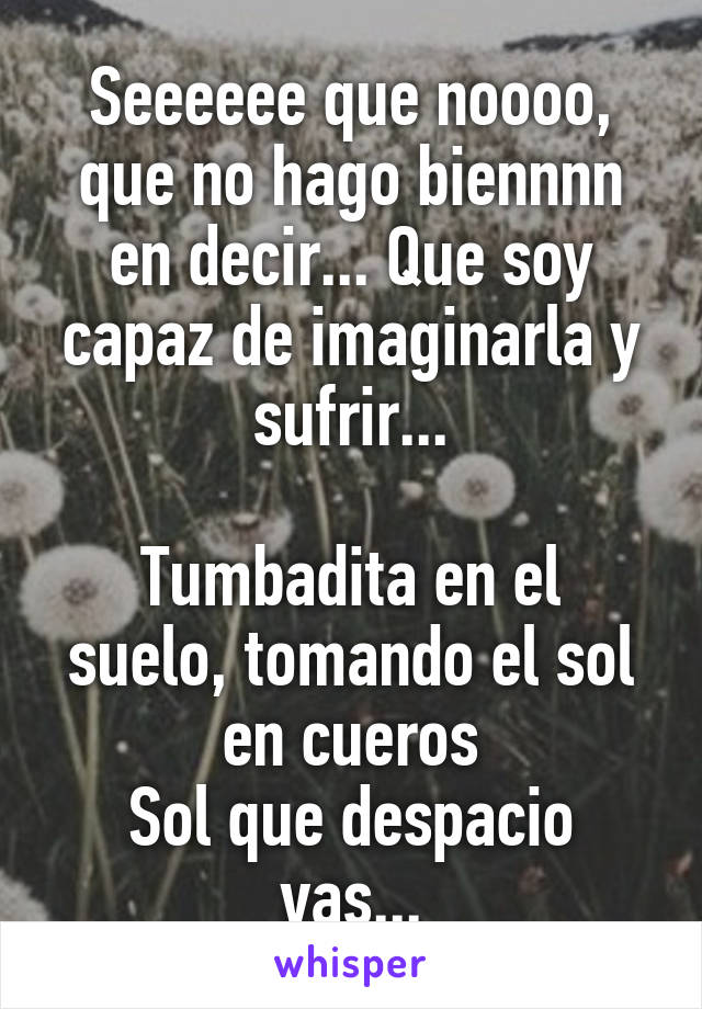 Seeeeee que noooo, que no hago biennnn en decir... Que soy capaz de imaginarla y sufrir...

Tumbadita en el suelo, tomando el sol en cueros
Sol que despacio vas...