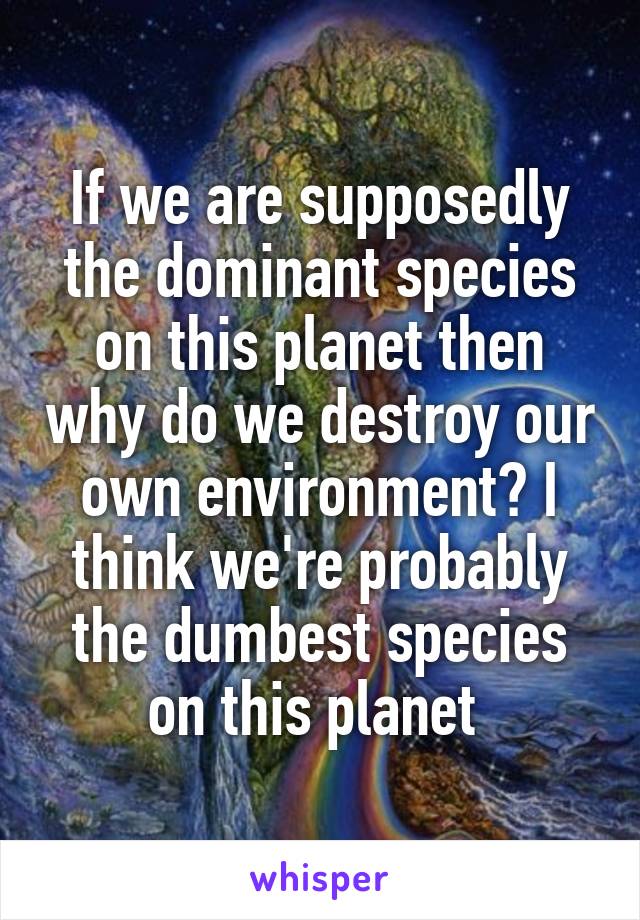 If we are supposedly the dominant species on this planet then why do we destroy our own environment? I think we're probably the dumbest species on this planet 