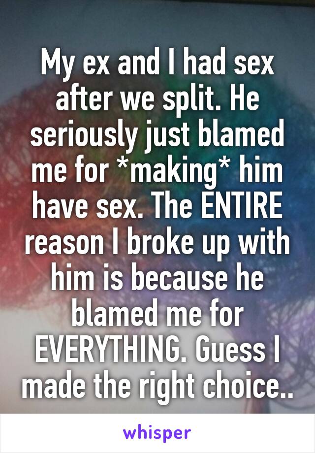 My ex and I had sex after we split. He seriously just blamed me for *making* him have sex. The ENTIRE reason I broke up with him is because he blamed me for EVERYTHING. Guess I made the right choice..