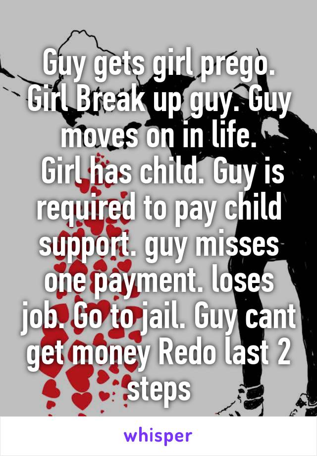 Guy gets girl prego. Girl Break up guy. Guy moves on in life.
 Girl has child. Guy is required to pay child support. guy misses one payment. loses job. Go to jail. Guy cant get money Redo last 2 steps