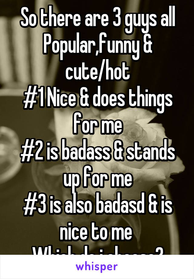 So there are 3 guys all Popular,funny & cute/hot
#1 Nice & does things for me
#2 is badass & stands up for me
#3 is also badasd & is nice to me 
Which do i choose?