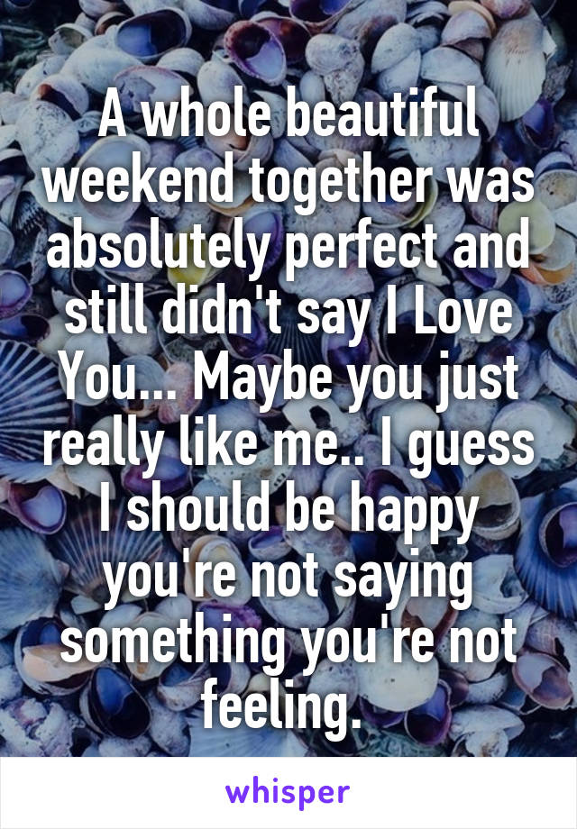 A whole beautiful weekend together was absolutely perfect and still didn't say I Love You... Maybe you just really like me.. I guess I should be happy you're not saying something you're not feeling. 