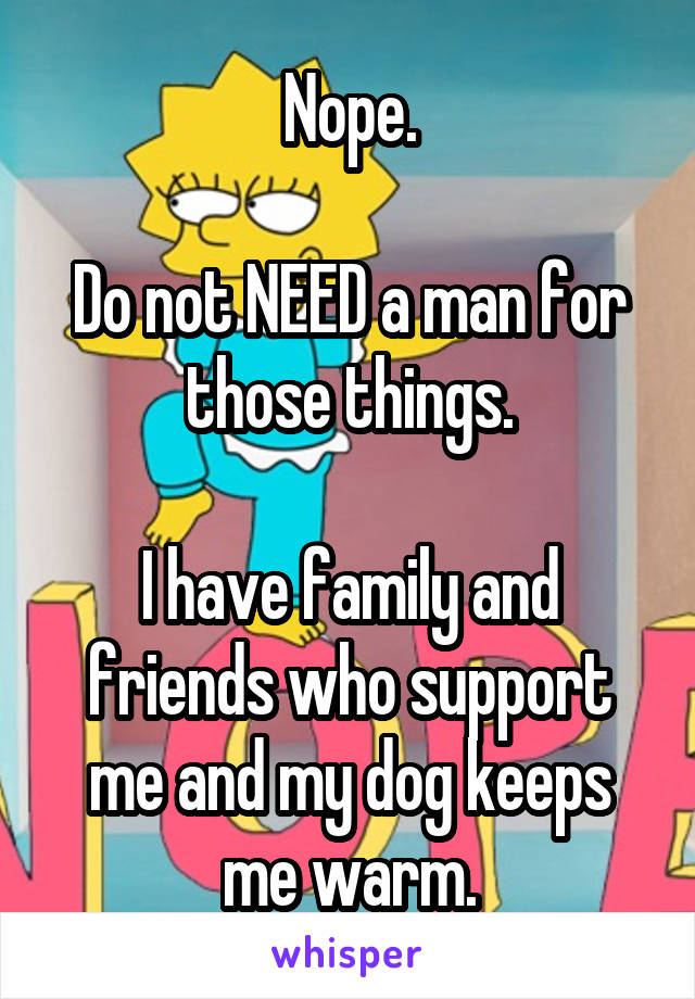 Nope.

Do not NEED a man for those things.

I have family and friends who support me and my dog keeps me warm.