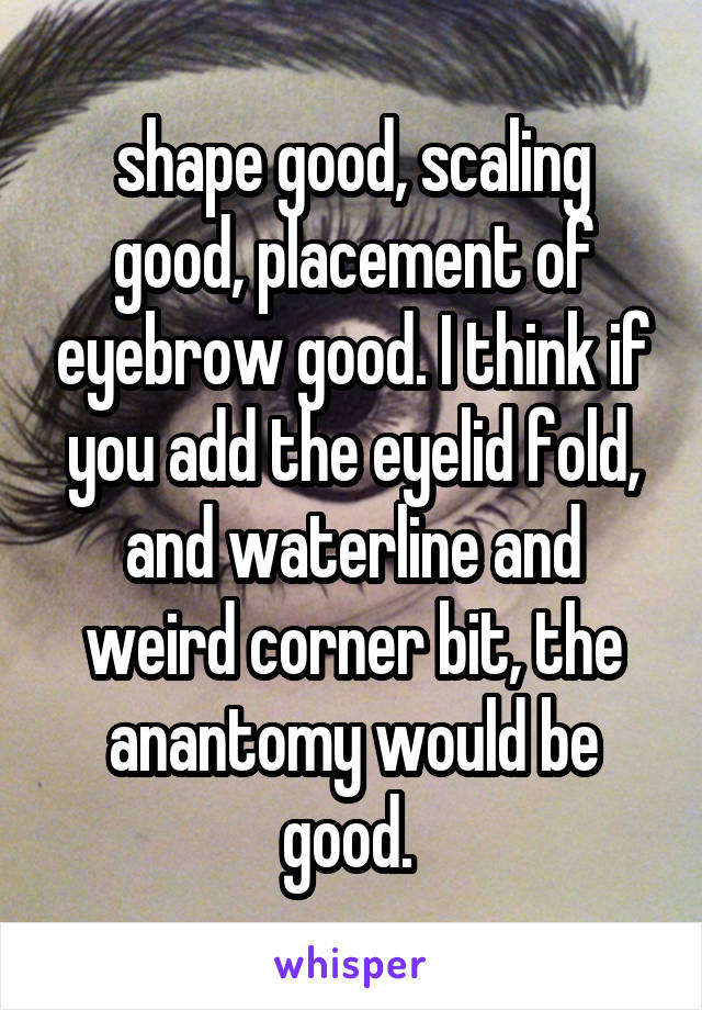 shape good, scaling good, placement of eyebrow good. I think if you add the eyelid fold, and waterline and weird corner bit, the anantomy would be good. 