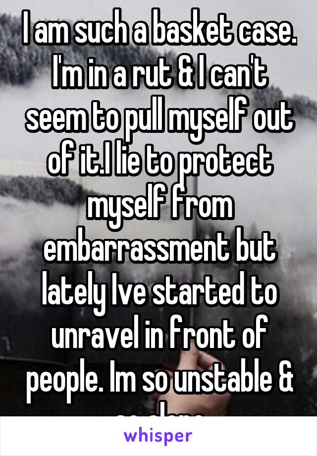 I am such a basket case. I'm in a rut & I can't seem to pull myself out of it.I lie to protect myself from embarrassment but lately Ive started to unravel in front of people. Im so unstable & so alone