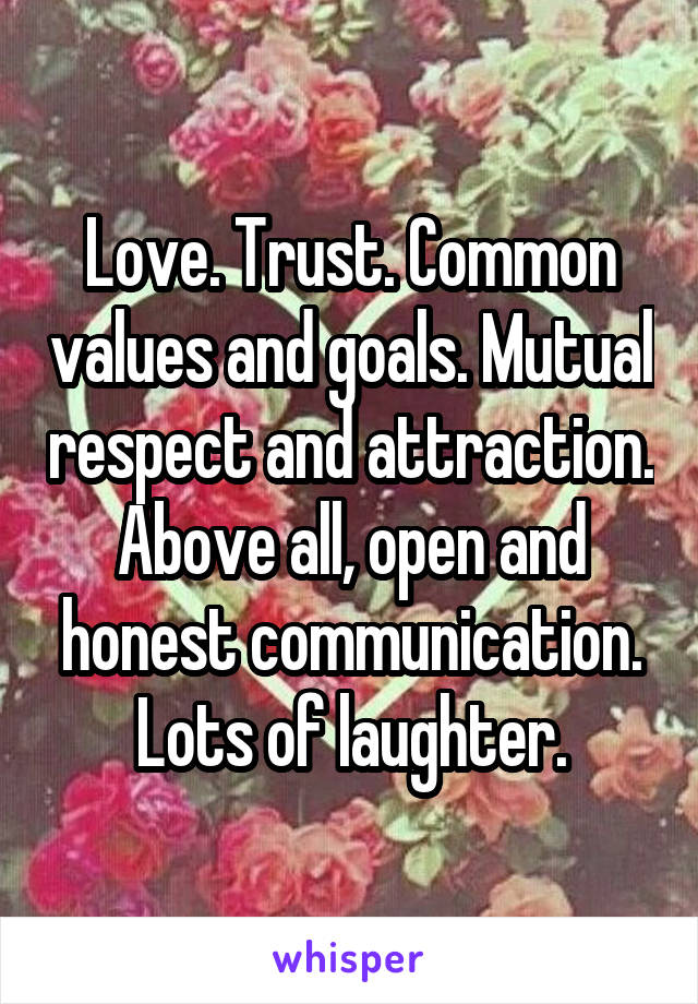 Love. Trust. Common values and goals. Mutual respect and attraction. Above all, open and honest communication. Lots of laughter.