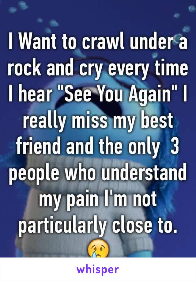 I Want to crawl under a rock and cry every time I hear "See You Again" I really miss my best friend and the only  3 people who understand my pain I'm not particularly close to. 😢