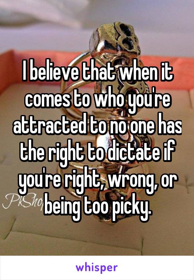 I believe that when it comes to who you're attracted to no one has the right to dictate if you're right, wrong, or being too picky.