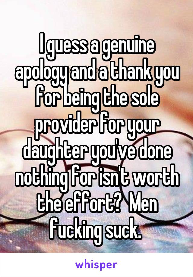 I guess a genuine apology and a thank you for being the sole provider for your daughter you've done nothing for isn't worth the effort?  Men fucking suck. 