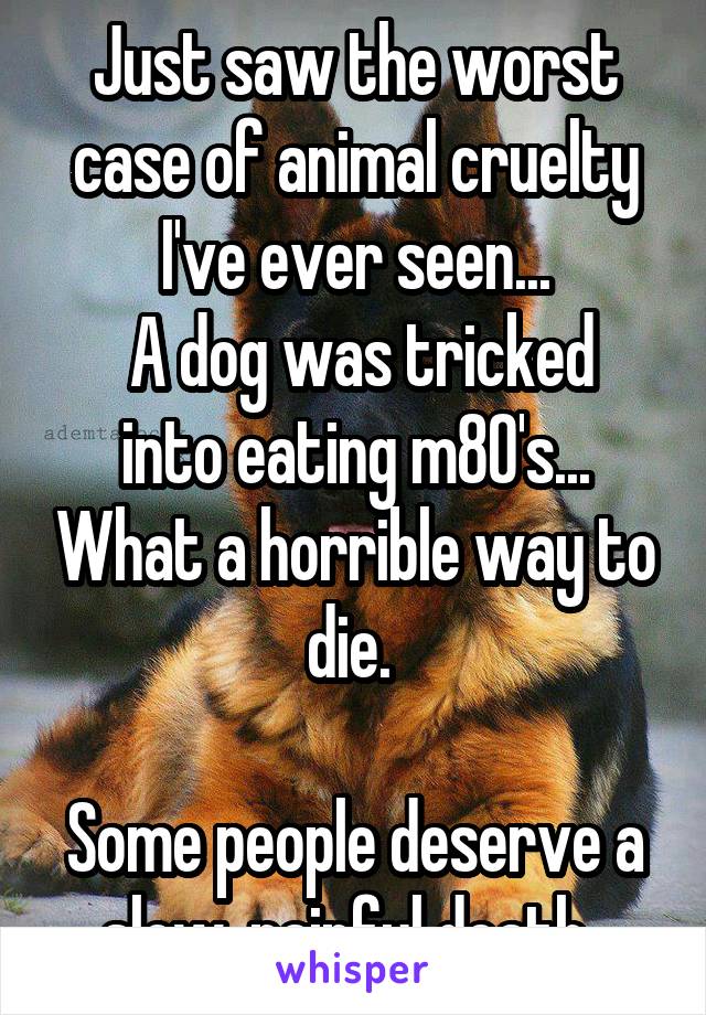 Just saw the worst case of animal cruelty I've ever seen...
 A dog was tricked into eating m80's... What a horrible way to die. 

Some people deserve a slow, painful death. 