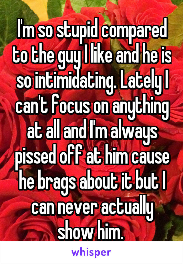 I'm so stupid compared to the guy I like and he is so intimidating. Lately I can't focus on anything at all and I'm always pissed off at him cause he brags about it but I can never actually show him. 