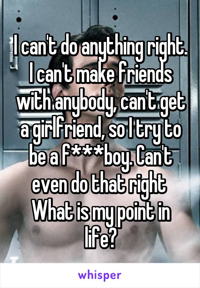 I can't do anything right. I can't make friends with anybody, can't get a girlfriend, so I try to be a f***boy. Can't even do that right 
What is my point in life?