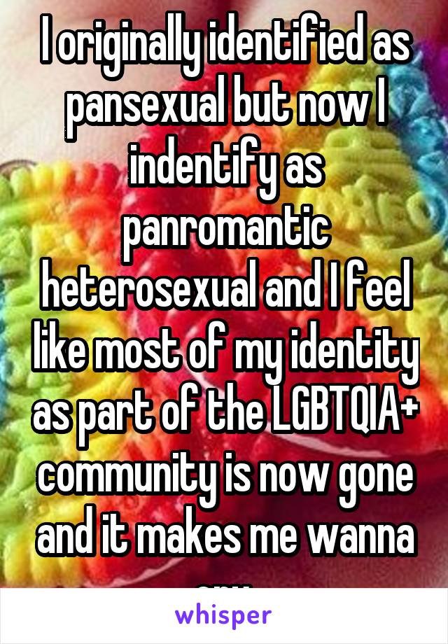 I originally identified as pansexual but now I indentify as panromantic heterosexual and I feel like most of my identity as part of the LGBTQIA+ community is now gone and it makes me wanna cry 