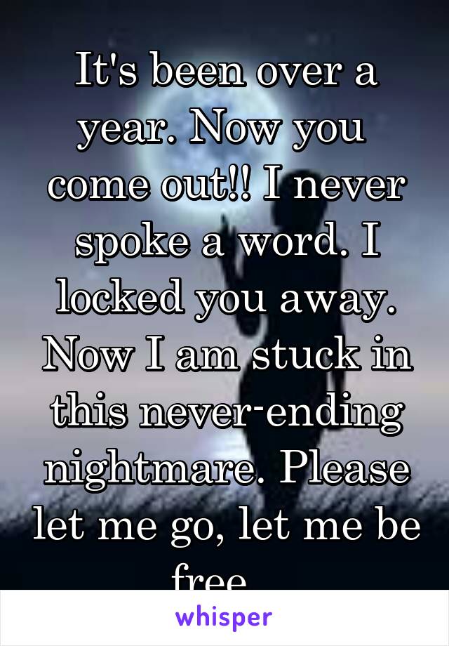 It's been over a year. Now you  come out!! I never spoke a word. I locked you away. Now I am stuck in this never-ending nightmare. Please let me go, let me be free...