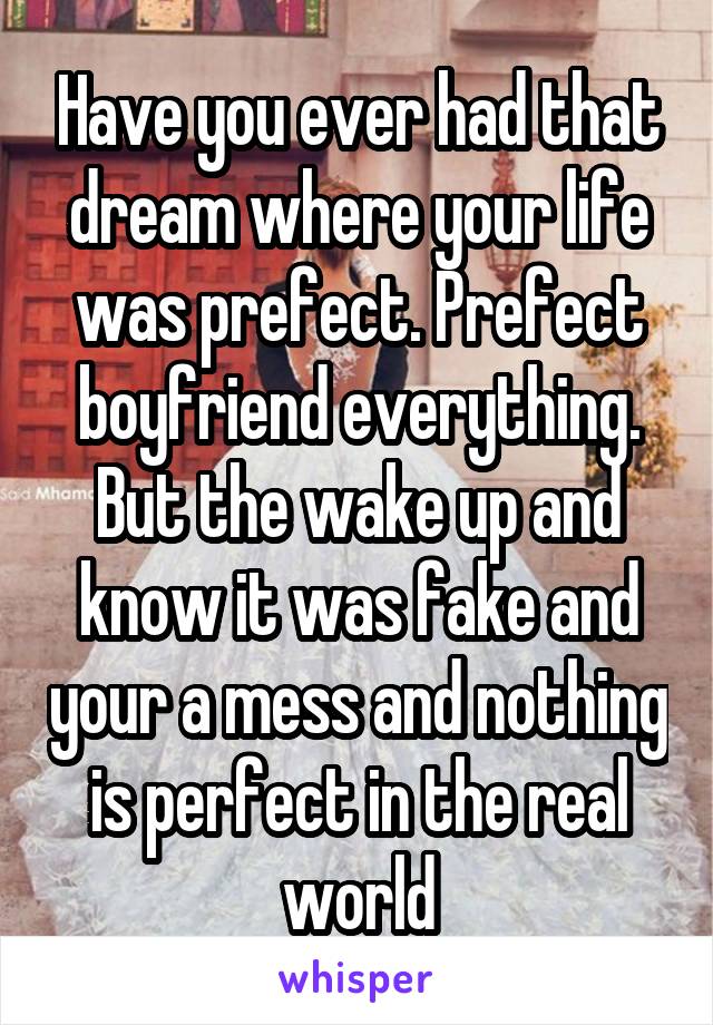 Have you ever had that dream where your life was prefect. Prefect boyfriend everything. But the wake up and know it was fake and your a mess and nothing is perfect in the real world