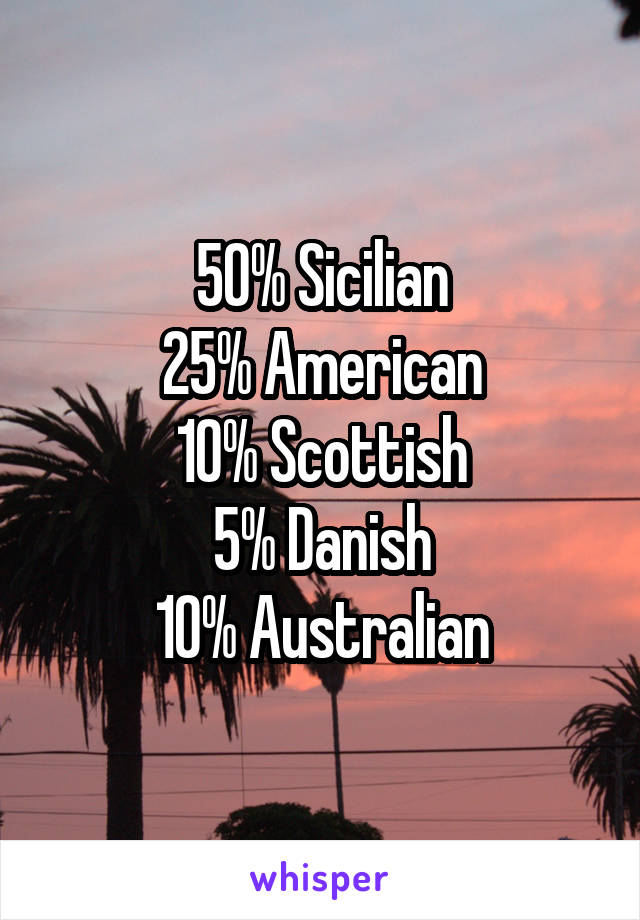 50% Sicilian
25% American
10% Scottish
5% Danish
10% Australian