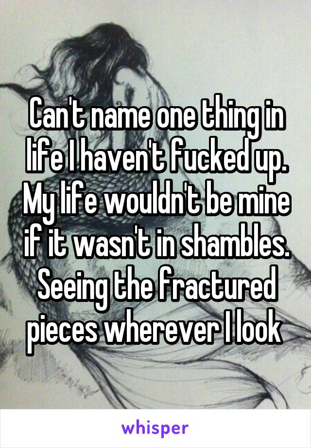 Can't name one thing in life I haven't fucked up. My life wouldn't be mine if it wasn't in shambles. Seeing the fractured pieces wherever I look 