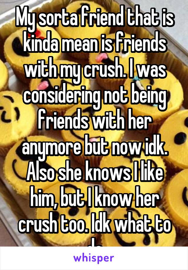 My sorta friend that is kinda mean is friends with my crush. I was considering not being friends with her anymore but now idk. Also she knows I like him, but I know her crush too. Idk what to do