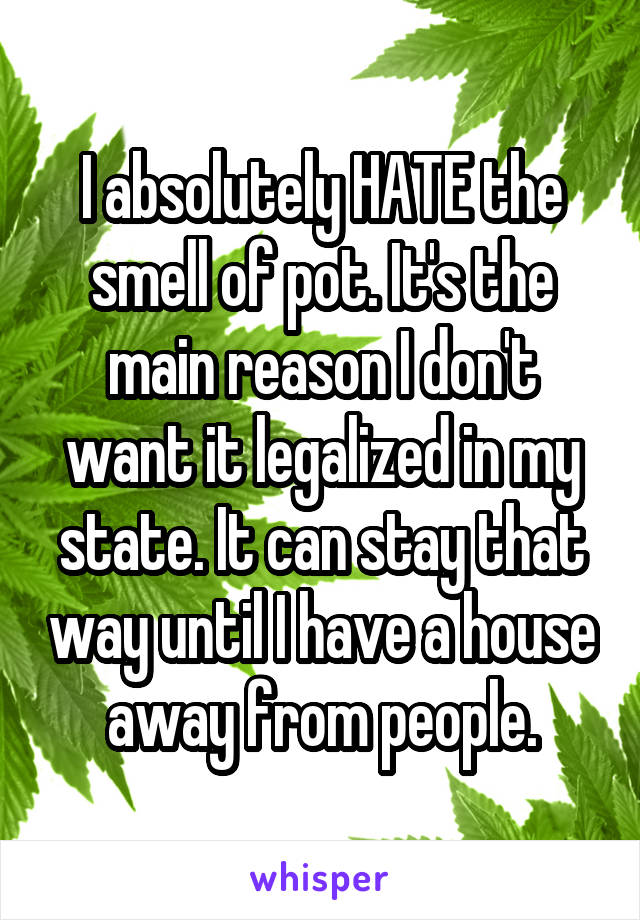 I absolutely HATE the smell of pot. It's the main reason I don't want it legalized in my state. It can stay that way until I have a house away from people.