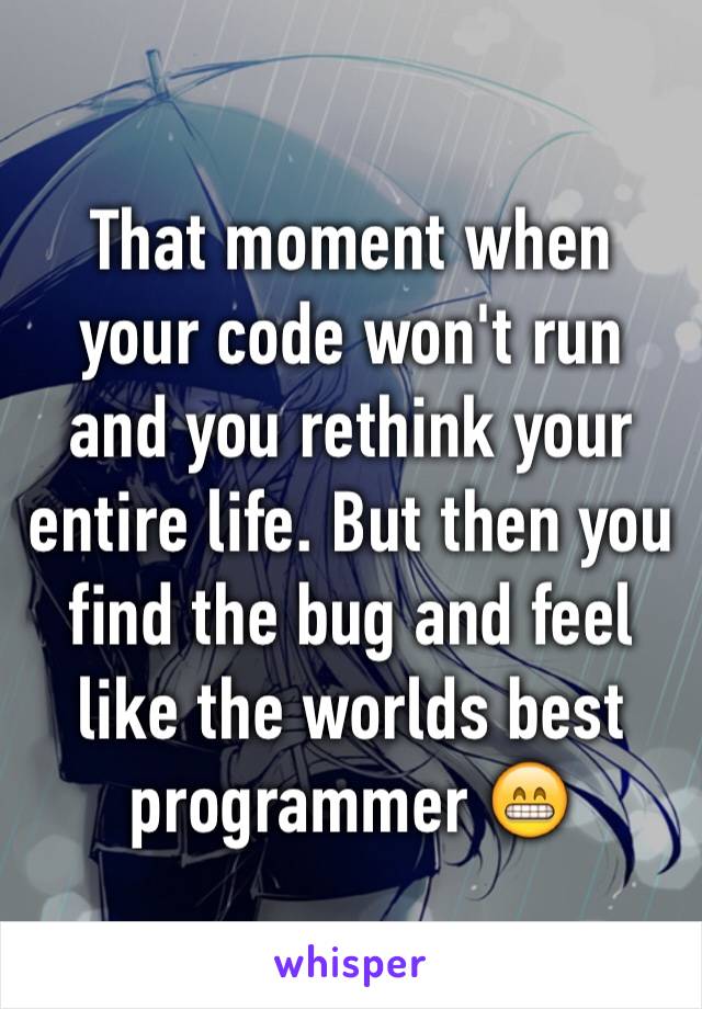 That moment when your code won't run and you rethink your entire life. But then you find the bug and feel like the worlds best programmer 😁