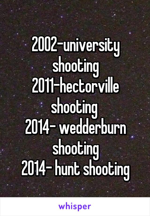 2002-university shooting
2011-hectorville shooting 
2014- wedderburn shooting
2014- hunt shooting