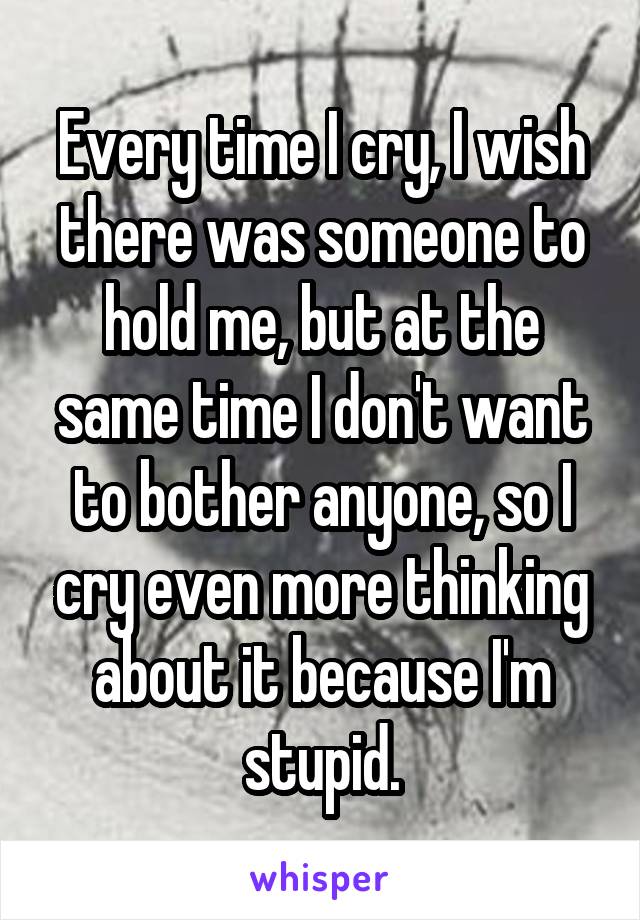 Every time I cry, I wish there was someone to hold me, but at the same time I don't want to bother anyone, so I cry even more thinking about it because I'm stupid.