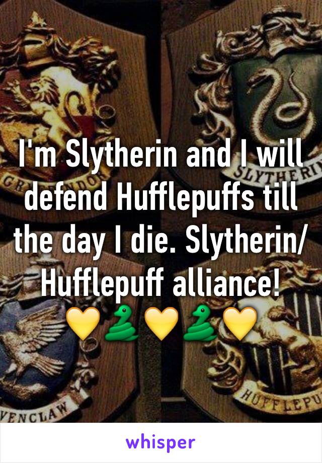 I'm Slytherin and I will defend Hufflepuffs till the day I die. Slytherin/Hufflepuff alliance!
💛🐍💛🐍💛