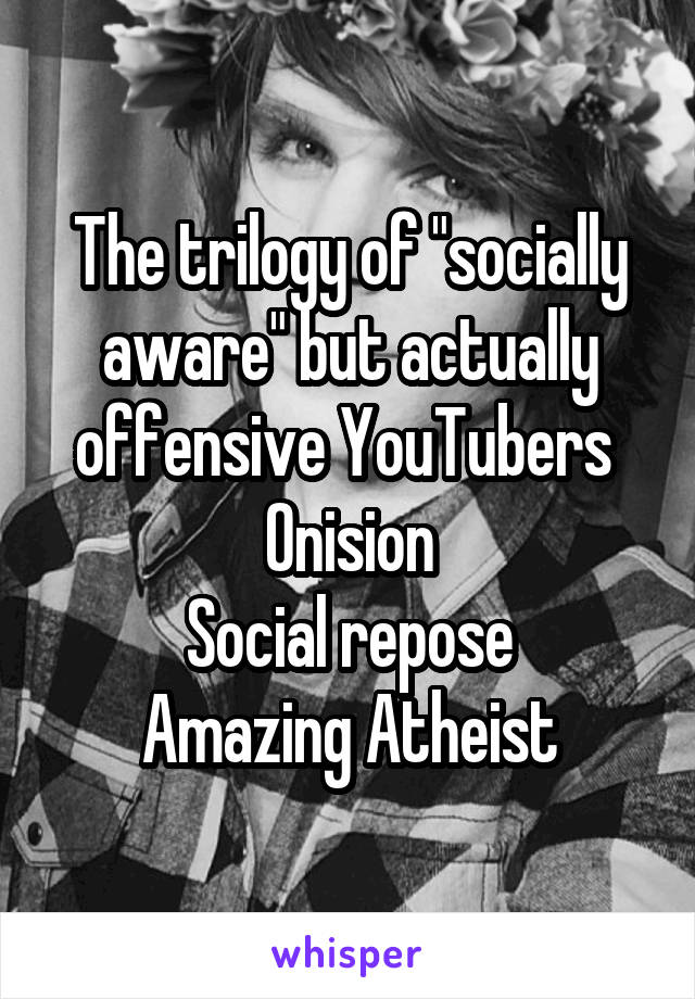 The trilogy of "socially aware" but actually offensive YouTubers 
Onision
Social repose
Amazing Atheist