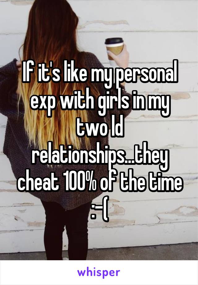 If it's like my personal exp with girls in my two ld relationships...they cheat 100% of the time
:-(