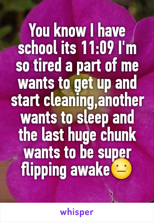 You know I have school its 11:09 I'm so tired a part of me wants to get up and start cleaning,another wants to sleep and the last huge chunk wants to be super flipping awake😐