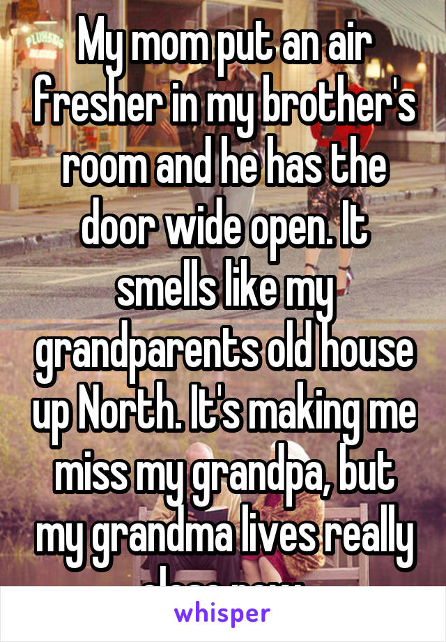 My mom put an air fresher in my brother's room and he has the door wide open. It smells like my grandparents old house up North. It's making me miss my grandpa, but my grandma lives really close now.