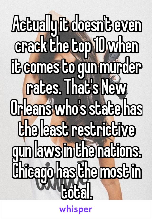 Actually it doesn't even crack the top 10 when it comes to gun murder rates. That's New Orleans who's state has the least restrictive gun laws in the nations. Chicago has the most in total.