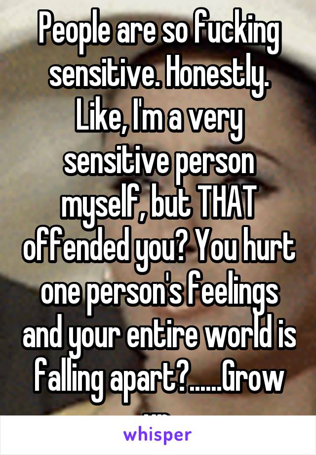 People are so fucking sensitive. Honestly. Like, I'm a very sensitive person myself, but THAT offended you? You hurt one person's feelings and your entire world is falling apart?......Grow up.