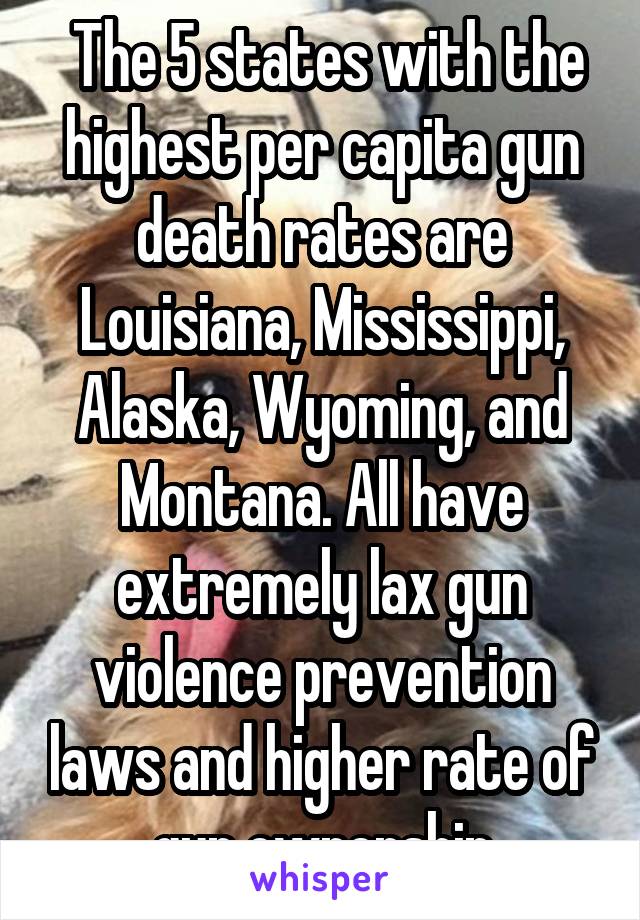  The 5 states with the highest per capita gun death rates are Louisiana, Mississippi, Alaska, Wyoming, and Montana. All have extremely lax gun violence prevention laws and higher rate of gun ownership