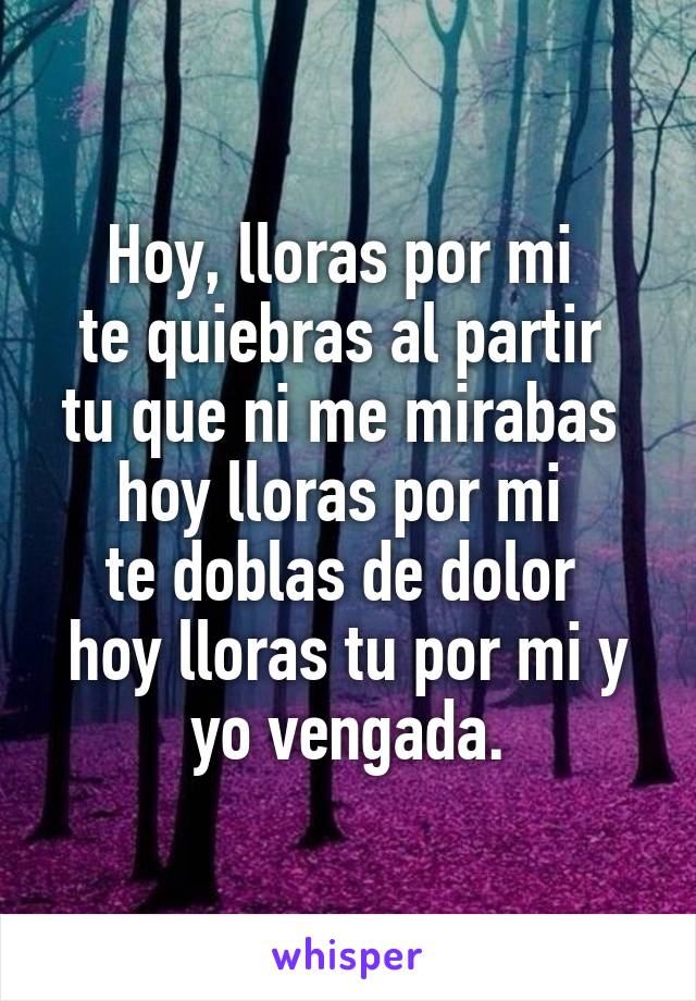 Hoy, lloras por mi 
te quiebras al partir 
tu que ni me mirabas 
hoy lloras por mi 
te doblas de dolor 
hoy lloras tu por mi y yo vengada.