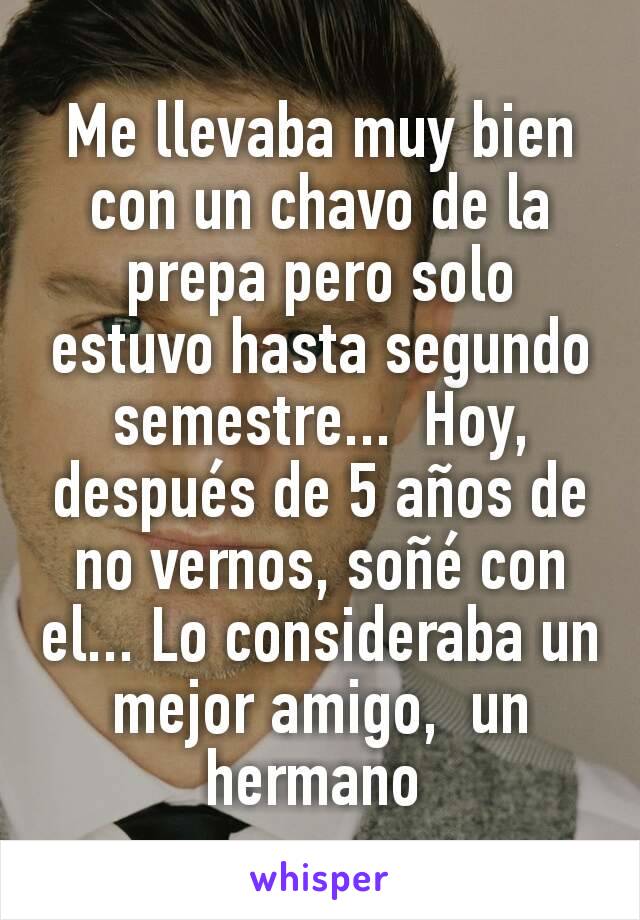 Me llevaba muy bien con un chavo de la prepa pero solo estuvo hasta segundo semestre...  Hoy,  después de 5 años de no vernos, soñé con el... Lo consideraba un mejor amigo,  un hermano 