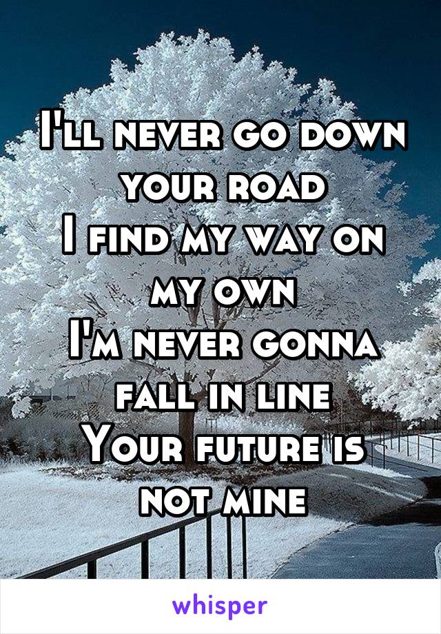 I'll never go down your road
I find my way on my own
I'm never gonna fall in line
Your future is not mine