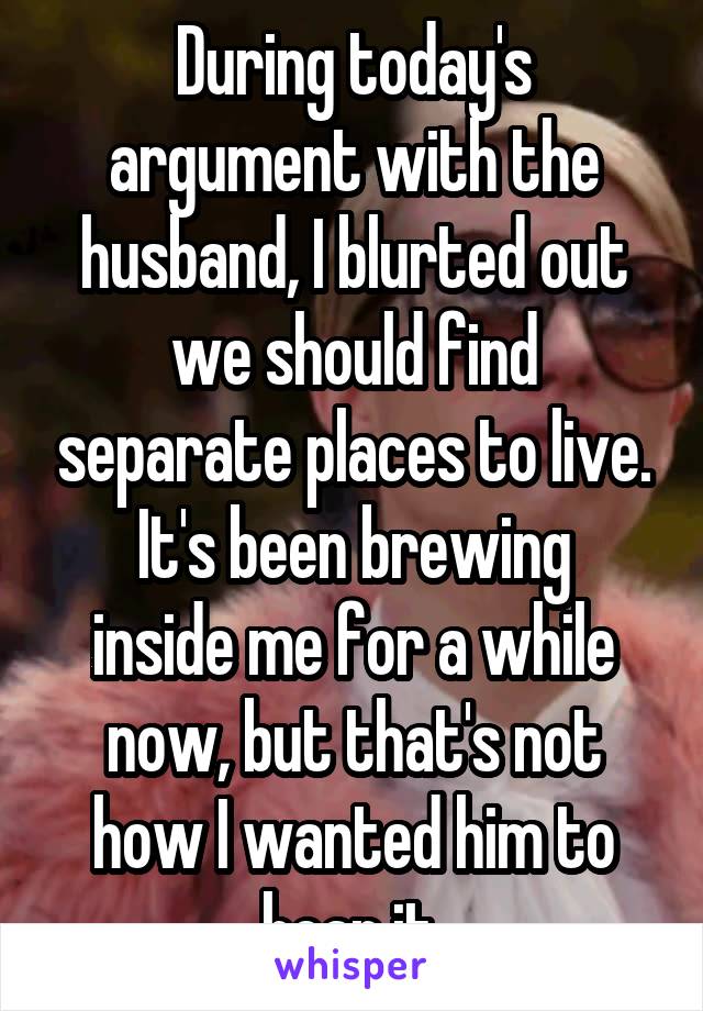 During today's argument with the husband, I blurted out we should find separate places to live.
It's been brewing inside me for a while now, but that's not how I wanted him to hear it.