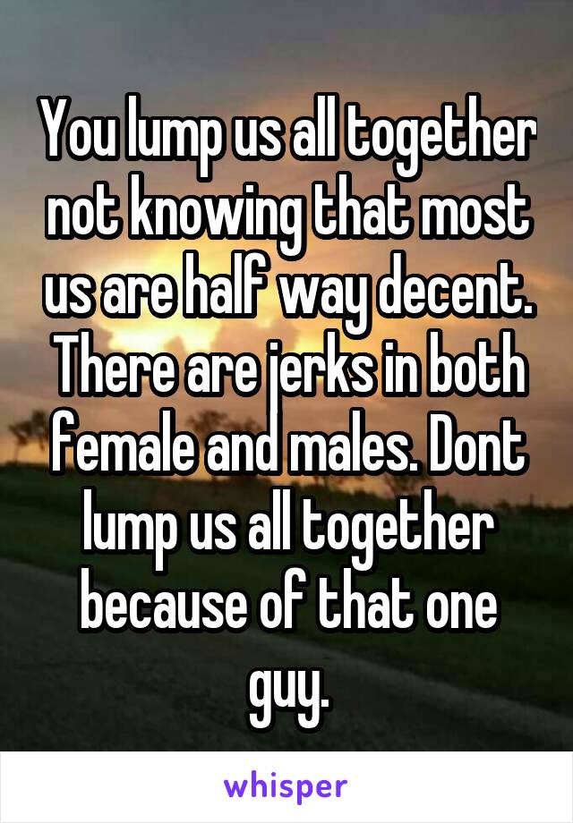 You lump us all together not knowing that most us are half way decent. There are jerks in both female and males. Dont lump us all together because of that one guy.