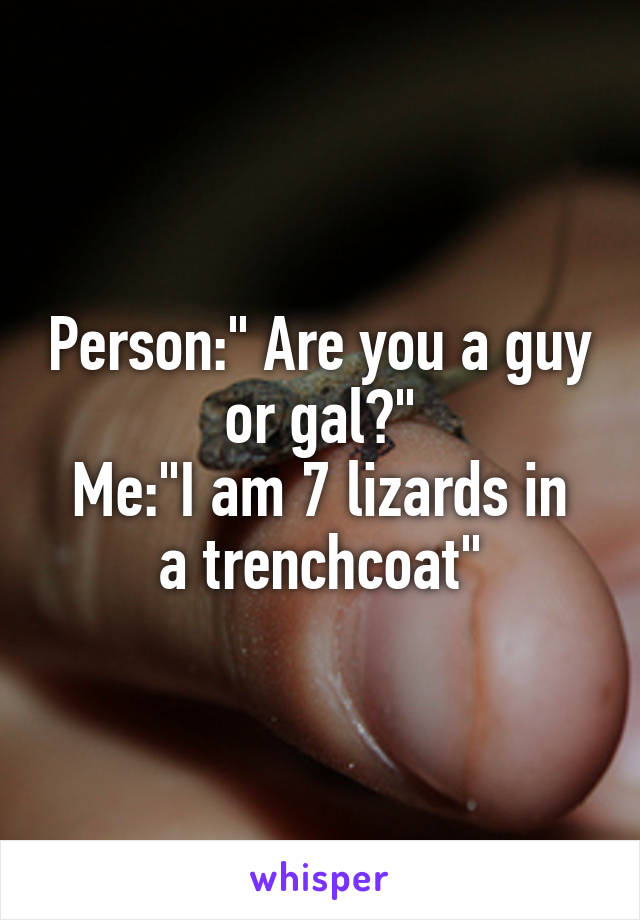 Person:" Are you a guy or gal?"
Me:"I am 7 lizards in a trenchcoat"